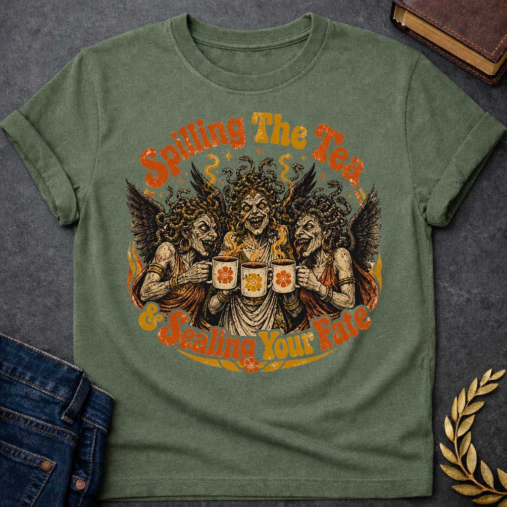 Military Green T-shirt with a Humorous illustration blending modern gossip culture with Greek mythology. Three Furies with serpent hair and black wings wear classical robes, each holding a decorative tea cup with floral designs. Their expressions are menacing yet mischievous. Text reads 'Spilling The Tea & Sealing Your Fate.' Black, cream, orange, and gold color scheme with decorative flourishes. Playfully references both tea-spilling gossip and divine vengeance and fate.