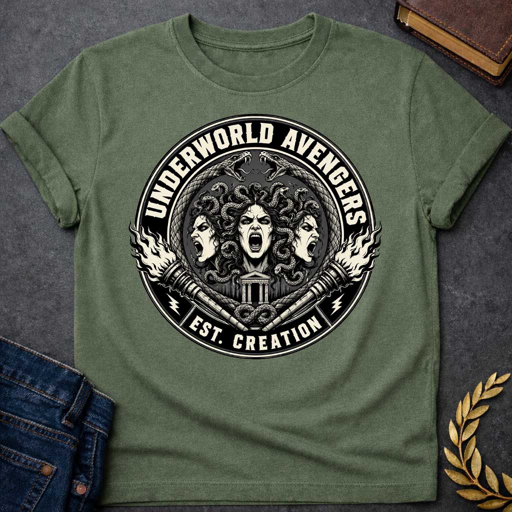 Military Green T-shirt with an Official emblem design for the 'Underworld Avengers,' a parody combining Greek mythology with Marvel. Three Fury faces with detailed serpent hair display aggressive expressions. A Greek temple sits below, framed by crossed ornate daggers. Flames and lightning bolts accent the circular seal in vintage badge style. Text reads 'Underworld Avengers: Est. Creation.' Black and cream colors celebrate a team of divine vengeance and supernatural justice.