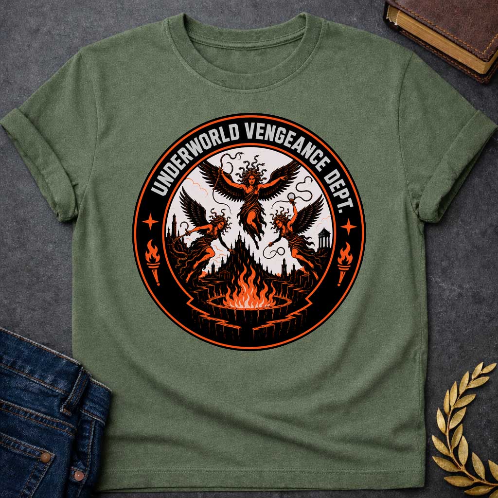 Military Green T-shirt with an Official seal for the 'Underworld Vengeance Department,' a parody blending Greek mythology with government bureaucracy. Three winged Furies with serpent hair occupy the center in orange and black. A dark gothic underworld landscape with towers sprawls below. Large flaming torches frame the design. Four-pointed stars accent the circular seal border. Black, orange, and cream colors create an official emblem celebrating divine vengeance as institutional authority.