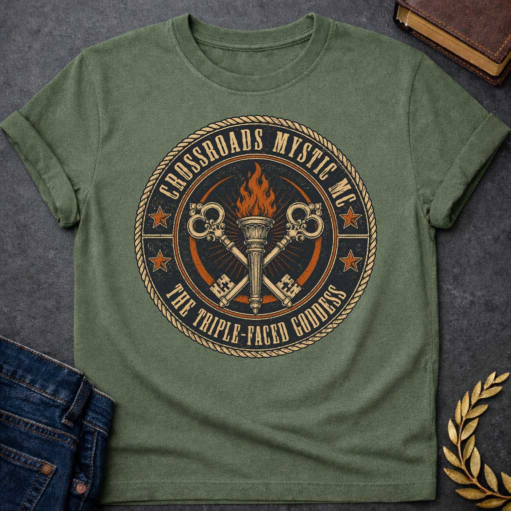 Military Green T-shirt with a Motorcycle club patch-style emblem in navy, gold, and orange inspired by Hecate and crossroads mythology. A central ornate torch with orange flames is flanked by two crossed serpent handles with decorative gold scrollwork. Radiating lines suggest divine power. Text reads 'Crossroads Mystic MC' and 'The Triple-Faced Goddess' around the border. Orange stars and rope border complete the official club patch look. Distressed texture adds authentic biker aesthetic.