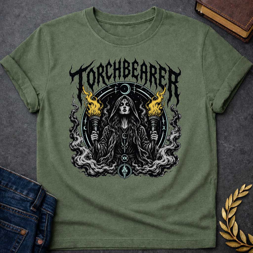 Military Green T-shirt with a Dark metal band aesthetic illustration titled 'Torchbearer.' Hecate holds two ornate torches with gold and black flames. She wears mystical symbols including a crescent moon necklace and a circular mandala halo with occult iconography. Swirling smoke and flame designs surround the figure in black, white, and gold. Blends heavy metal imagery with Greek mythology and mystical symbolism celebrating enlightenment, divine knowledge, and dark power.