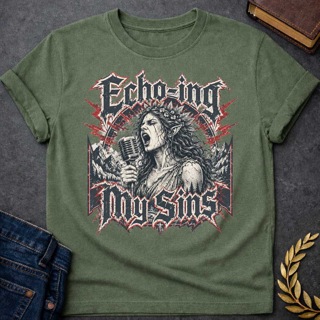 Military Green T-shirt with a Heavy metal band aesthetic featuring Echo from Greek mythology as a powerful vocalist. A woman with long wavy hair and leaf crown holds a vintage microphone, singing passionately. Black and white engraving style with red lightning accents. Dark mountainous landscape frames the scene. Text reads 'ECHO-ING MY SINS' in aggressive metal lettering with spiky ornamental borders. Clever wordplay combines the mythological nymph with modern rock rebellion and vocal empowerment.