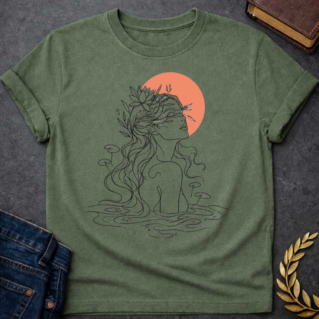 Military Green T-shirt with a minimalist, single-line art illustration of a water nymph. The design features the profile of a woman emerging from a stylized pond, with flowing hair adorned with water lilies and aquatic plants. The sun is represented by a solid, warm terracotta circle behind her head. The graphic uses fine black lines on a clean background, creating a serene, modern, and nature-inspired aesthetic