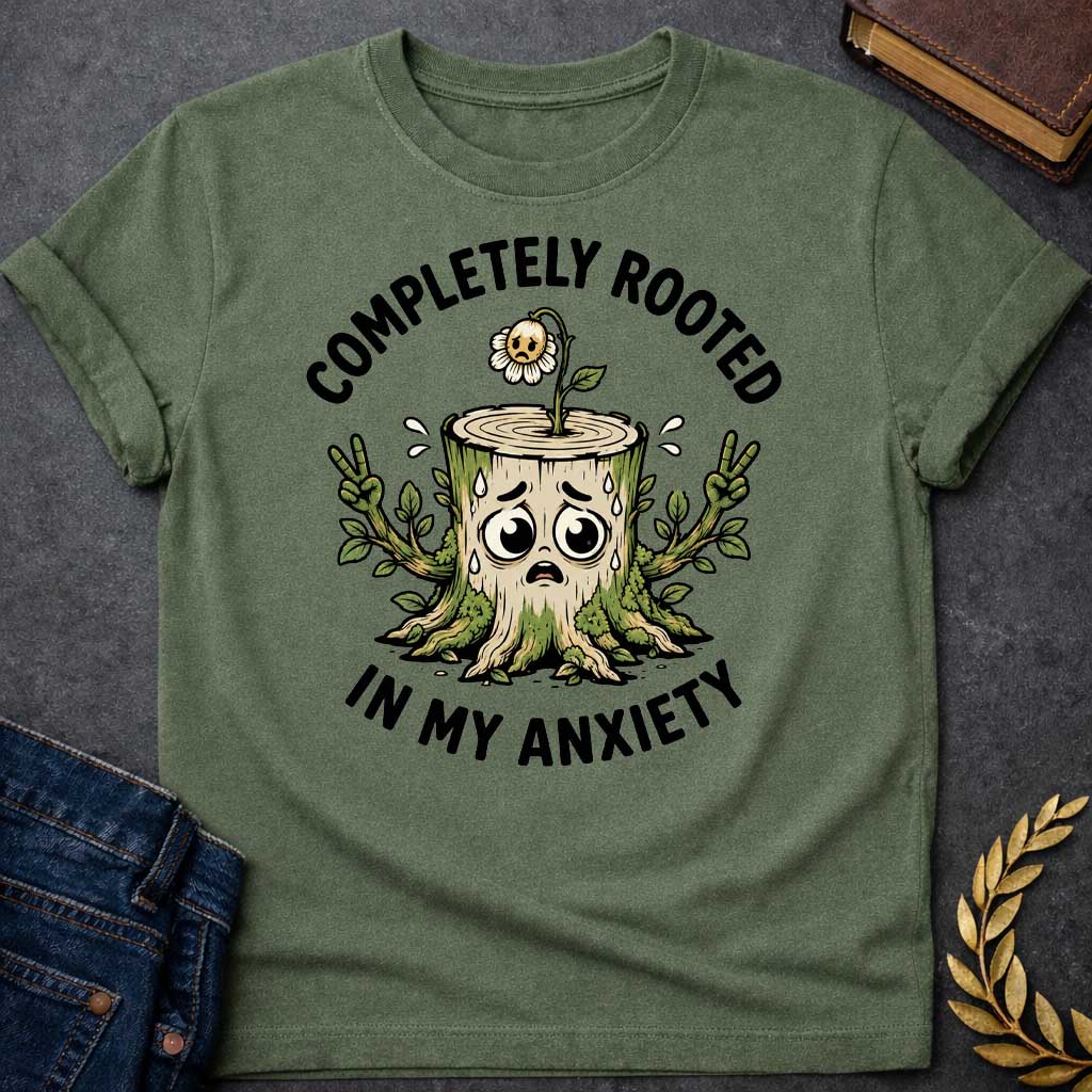 Military Green T-shirt with a cottagecore-style Greek mythology t-shirt design featuring an engraving illustration of a dryad. The flowing hair intricately weaves into a robust network of tree roots below. Arched elegantly above the portrait is the text "COMPLETELY ROOTED" in a clean black serif font.
