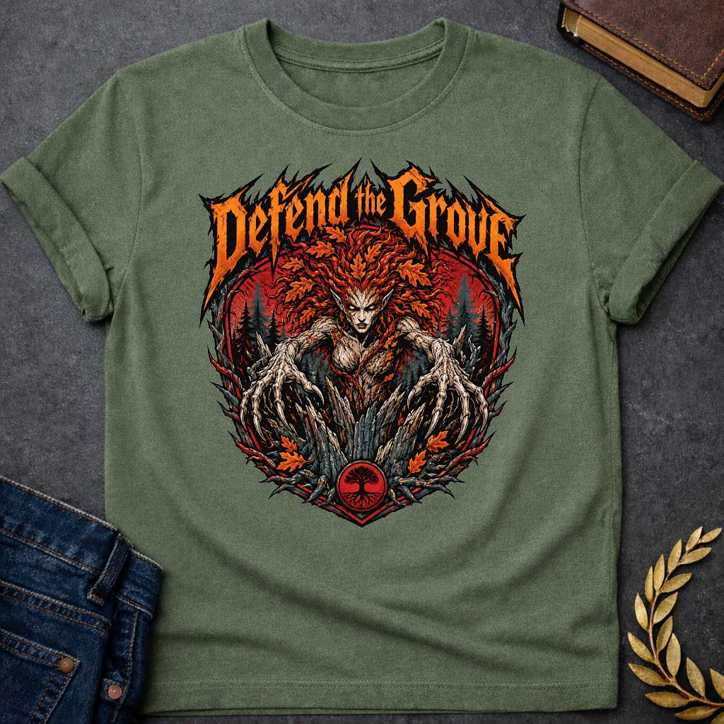 Military Green T-shirt with a heavy metal style t-shirt graphic featuring an aggressive, monstrous dryad in a dark forest. She has fiery red and orange autumn leaf hair and sharp, root-like claws extending forward. Above the central circular graphic, the phrase "Defend the Grove" is written in a jagged, spiky orange death metal font. A small circular tree icon rests at the bottom center of the intense design