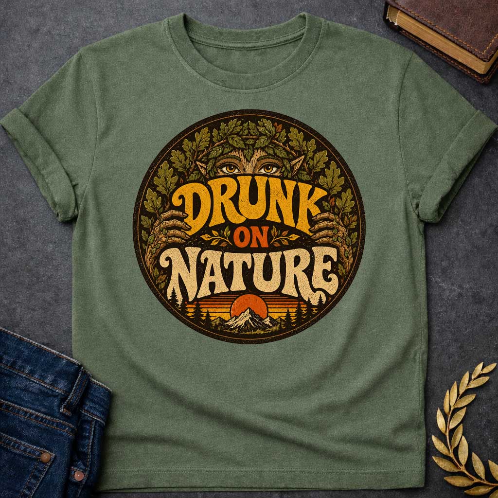 Military Green T-shirt with a vintage, retro-style t-shirt graphic enclosed in a circular badge. At the top, the intense gold eyes of a forest nymph or dryad peek out from behind a thick crown of oak leaves. Earthy, stylized 1970s block text proudly reads "DRUNK ON NATURE" in gold and cream. The bottom of the design showcases a serene mountain landscape and a setting sun, framed by rustic pine trees and a distressed texture