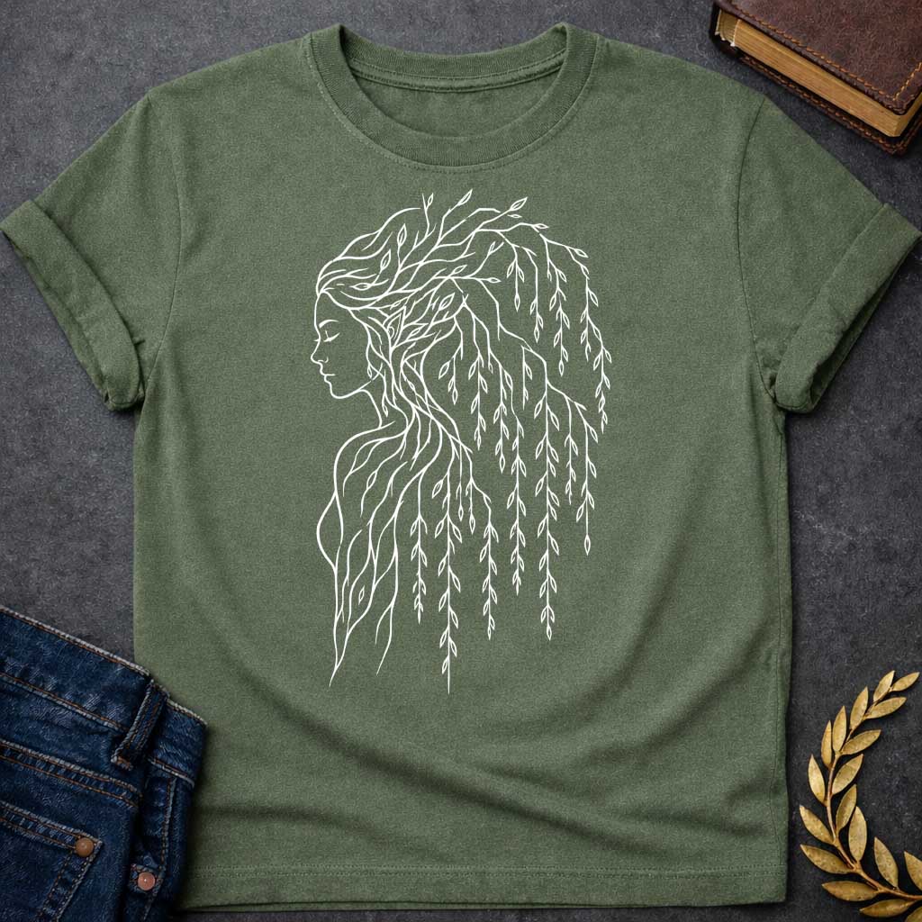 Military Green T-shirt with a Minimalist line art portrait of a dryad, a tree nymph from Greek mythology. A woman's profile in delicate white lines has hair composed entirely of weeping willow branches and drooping leaves cascading down her back. Individual leaves are intricately detailed, flowing gracefully like water. Simple contour drawing style emphasizes the spiritual connection between human and nature. Celebrates the mythological guardians of forests and their ethereal beauty
