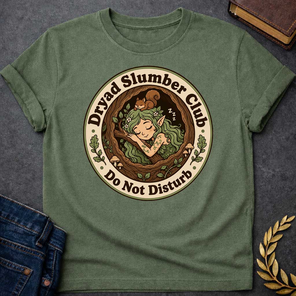 Military Green T-shirt with a cute, cartoon-style t-shirt graphic enclosed in a circular badge. Inside a cozy tree hollow, a little green-haired dryad or forest elf sleeps peacefully next to small mushrooms, while a tiny brown squirrel naps on her head. A cream-colored outer ring features dark brown text that reads "Dryad Slumber Club" along the top and "Do Not Disturb" along the bottom, accented by small green oak leaves