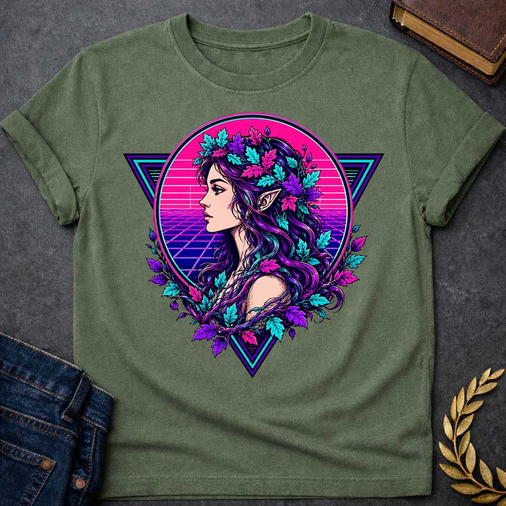 Military Green T-shirt with a vibrant 1980s synthwave-style graphic. A stylized dryad silhouette emerges from a geometric wireframe tree, set against a glowing neon pink and cyan sun. The background features a classic retrowave perspective grid and retro palm tree outlines. The vivid color palette combines neon pinks, purples, and electric blues for a retro-futuristic, nostalgic, and high-contrast summer aesthetic.