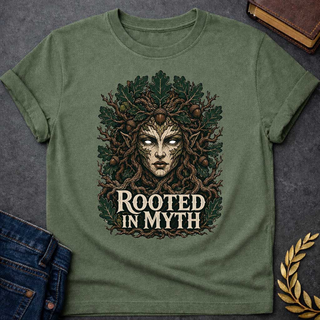 Military Green T-shirt with a detailed cottagecore-style graphic featuring a powerful oak tree dryad or nature spirit. Her intense face, with glowing white eyes, is framed by gnarled, twisting branches and a thick canopy of dark green oak leaves and brown acorns. Interwoven with the roots at the bottom, the bold, stylized cream text reads "ROOTED IN MYTH," creating a striking, mythical, and nature-inspired apparel design