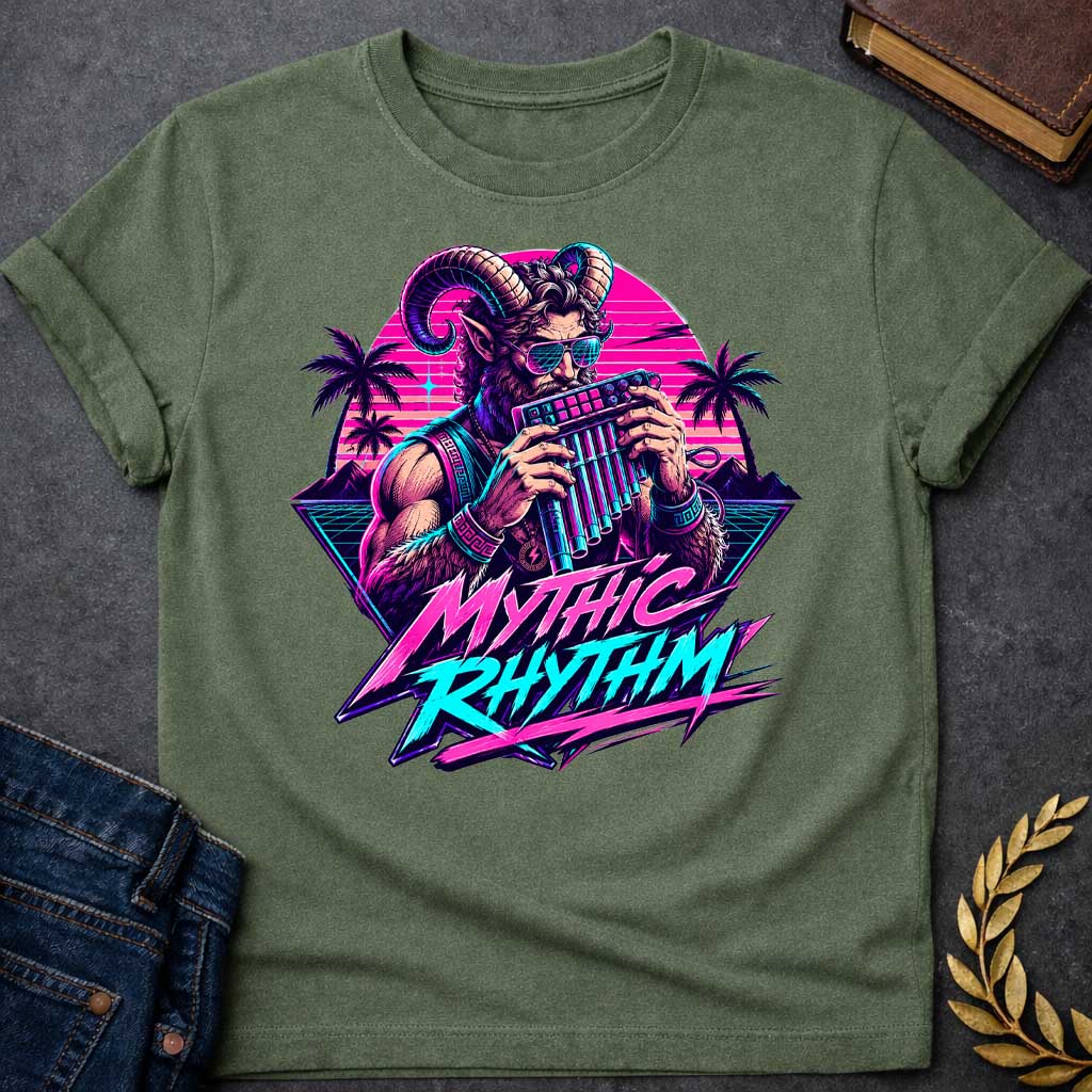 Military Green T-shirt with a Vaporwave-style illustration of a satyr in neon magenta and cyan, holding a pan flute and modern music production keyboard. The bearded figure wears sunglasses with gradient frames and ornamental bracelets with Greek key patterns. Framed by tropical palm trees and geometric mountains with scan line effects. Text reads 'MYTHIC RHYTHM' in bold magenta and cyan lettering with zigzag effects. Blends classical Greek mythology with modern electronic music culture and retro digital ae