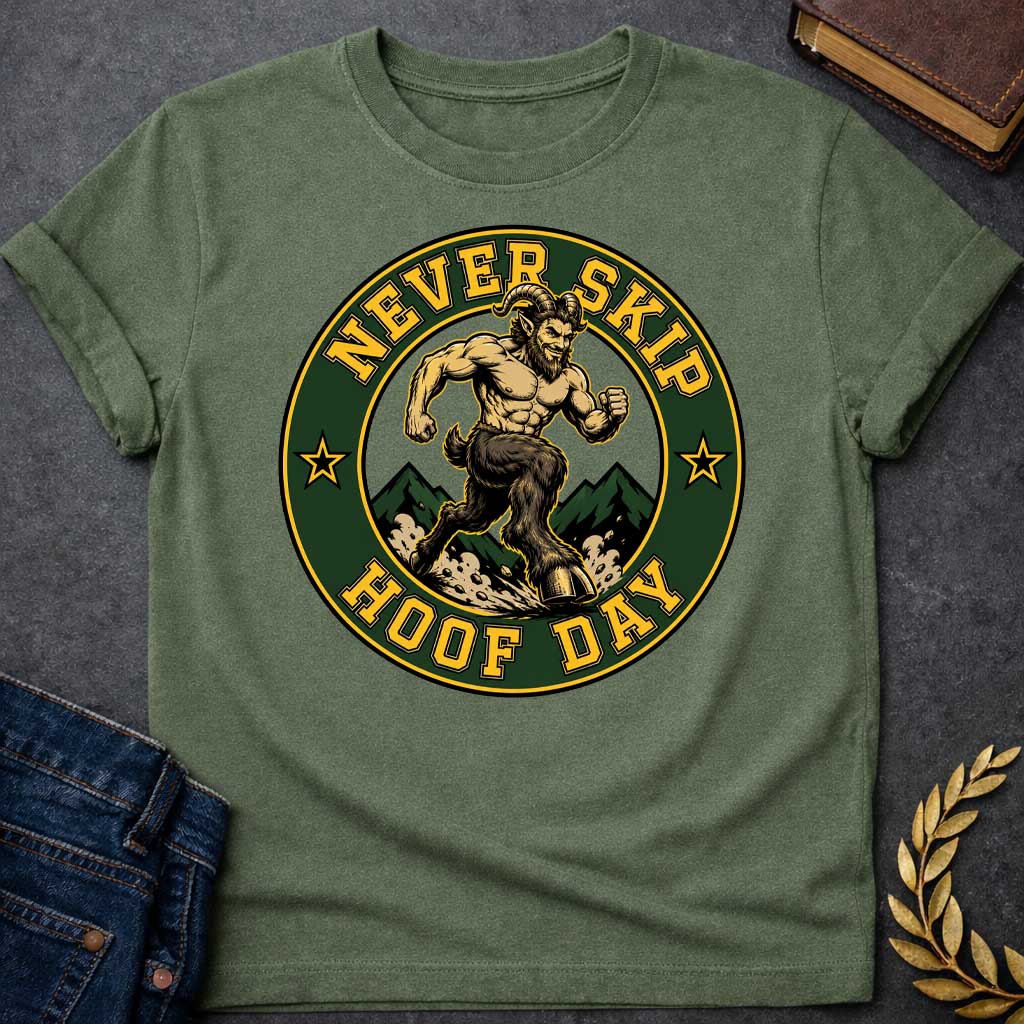 Military Green T-shirt with a Gym badge-style emblem featuring a muscular satyr celebrating 'Never Skip Hoof Day.' A bearded, horned figure with extremely defined musculature stands on goat legs in a dynamic running pose. Dark green mountains frame the background. Text reads 'Never Skip Hoof Day' in gold lettering around a forest green circle with gold borders and star accents. Humorous wordplay blends Greek mythology satyr imagery with modern fitness culture and leg day humor.