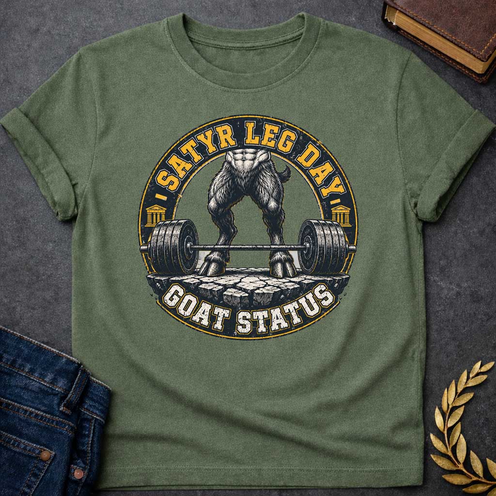 Military Green T-shirt with a Humorous fitness badge depicting a satyr's leg day workout. Viewed from the waist down, a heavily muscled satyr with dark hairy goat legs stands in a deadlifting stance, holding a loaded barbell with massive weight plates on a rough stone platform. Gold and black circular emblem features text reading 'Satyr Leg Day' and 'Goat Status' with Greek temple columns on sides. Distressed vintage aesthetic celebrates satyr strength and workout dedication.