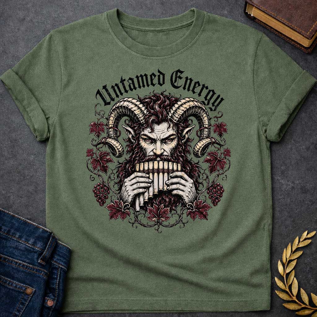 Military Green T-shirt with a heavy metal style t-shirt graphic. It features a powerful, intense satyr or Pan figure with large, curling ram horns playing a pan flute. His fierce face is framed by a circular wreath of detailed, twisting grapevines, deep purple-red autumn leaves, and clusters of grapes. Arched directly above the illustration, the phrase "Untamed Energy" is written in a bold, black gothic font