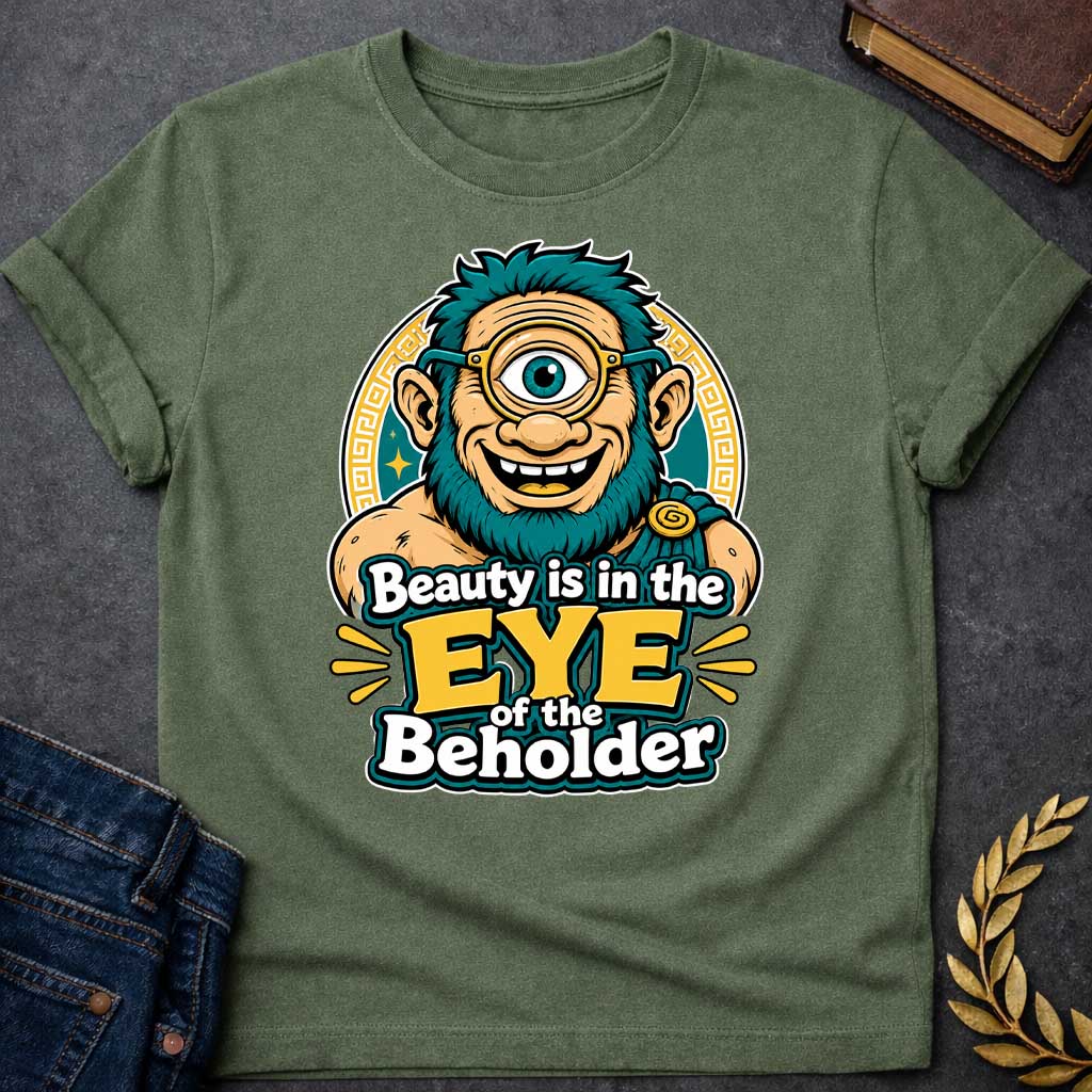Military Green T-shirt with a Humorous graphic design featuring a cheerful creature with exaggerated facial features inspired by Argus Panoptes, the many-eyed giant from Greek mythology. A large teal eye with a golden monocle dominates the character's smiling face. Teal spiky hair and beard contrast with peachy skin tones. Greek key pattern borders frame the design in gold and teal. Text reads 'Beauty is in the Eye of the Beholder' in bold white and yellow lettering. Playful visual pun celebrating perspecti