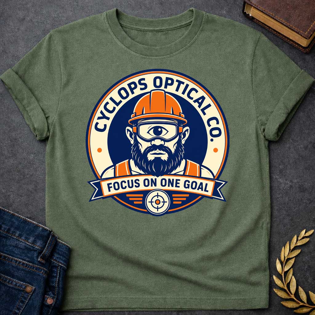Military Green T-shirt with a Professional emblem of Cyclops Optical Co. featuring a bearded cyclops construction worker wearing an orange hard hat and safety goggles. The single large eye peers forward with focused intensity. The character wears an orange and navy safety vest. Text reads 'Cyclops Optical Co.' around the rim and 'Focus on One Goal' on a banner below. A crosshair with wings anchors the bottom. Navy, orange, and cream color scheme. Clever pun blending mythology with workplace safety culture.