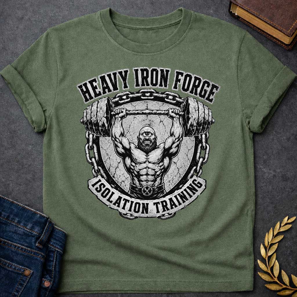 Military Green T-shirt with a Black and white engraving fitness emblem of a muscular cyclops lifting a massive barbell overhead. The bearded figure displays exceptional musculature. Heavy iron chains frame the circular seal with cracked stone. Text reads 'Heavy Iron Forge' and 'Isolation Training.' A crossed hammer symbol adorns the chest. Combines Greek mythology with bodybuilding culture and strength training dedication.
