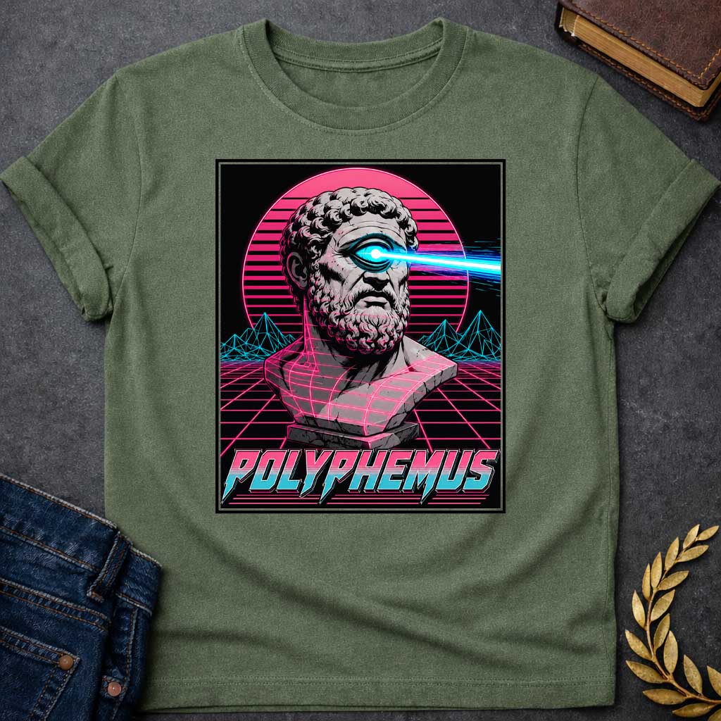 Military Green T-shirt with a Vaporwave-style illustration of Polyphemus, the Cyclops from Greek mythology. A classical bust with curly beard displays a single large eye shooting a bright cyan laser beam. Magenta and cyan neon color palette with horizontal scan lines. Geometric wireframe mountains and grid floor pattern create a retro digital landscape. Pink sun rises behind the figure. Text reads 'POLYPHEMUS' in stylized magenta and cyan lettering. Blends classical mythology with synthwave aesthetic.