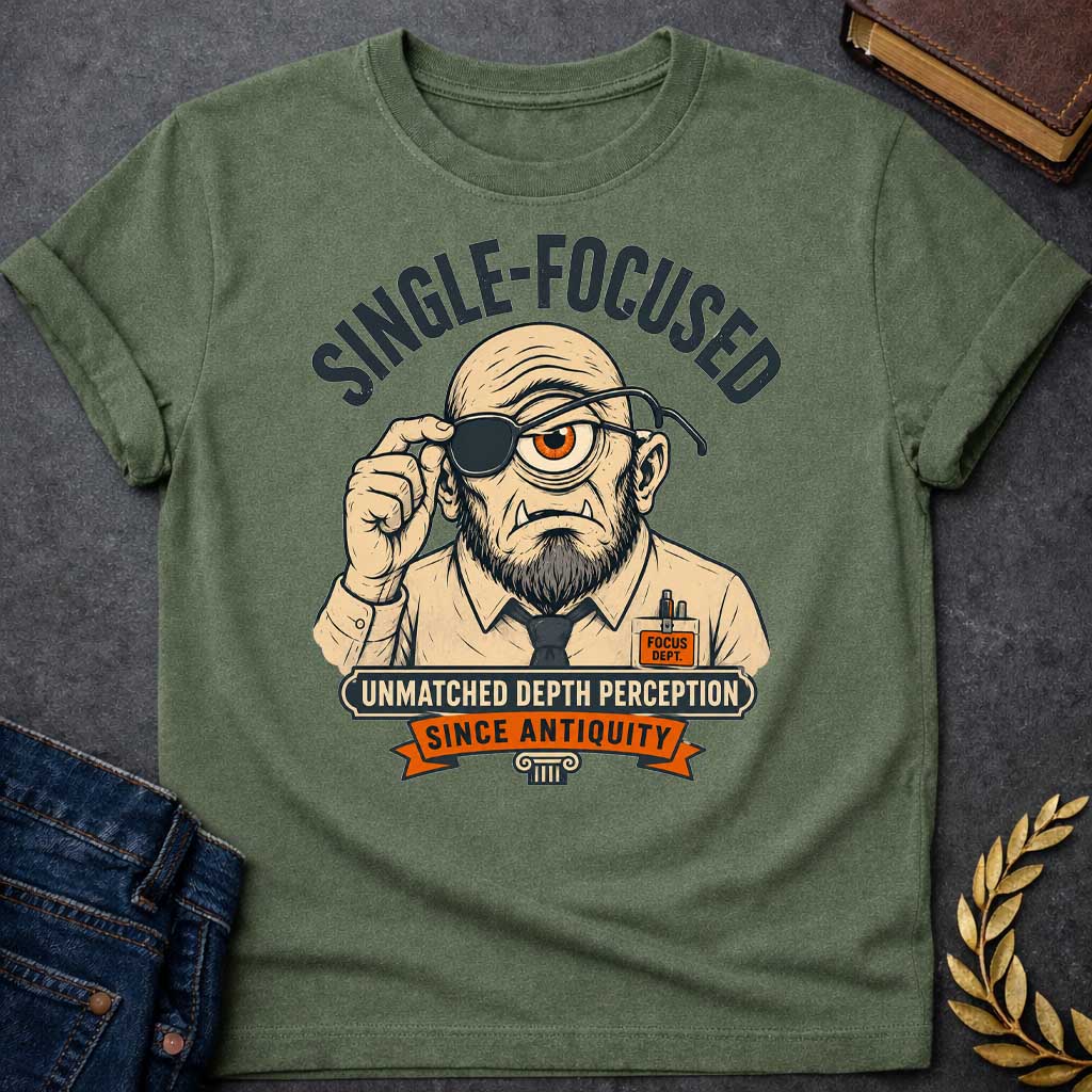 Military Green T-shirt with a Humorous professional portrait of a bearded cyclops wearing an eye patch over his single orange eye. He sports a tan suit jacket, dark tie, and "Focus Dept." badge. Text reads "Single-Focused" above and "Unmatched Depth Perception Since Antiquity" below. A classical column anchors the design. Cleverly blends Greek mythology with modern workplace culture, celebrating singular focus, professional dedication, and the mythological advantage of single-eyed perception.