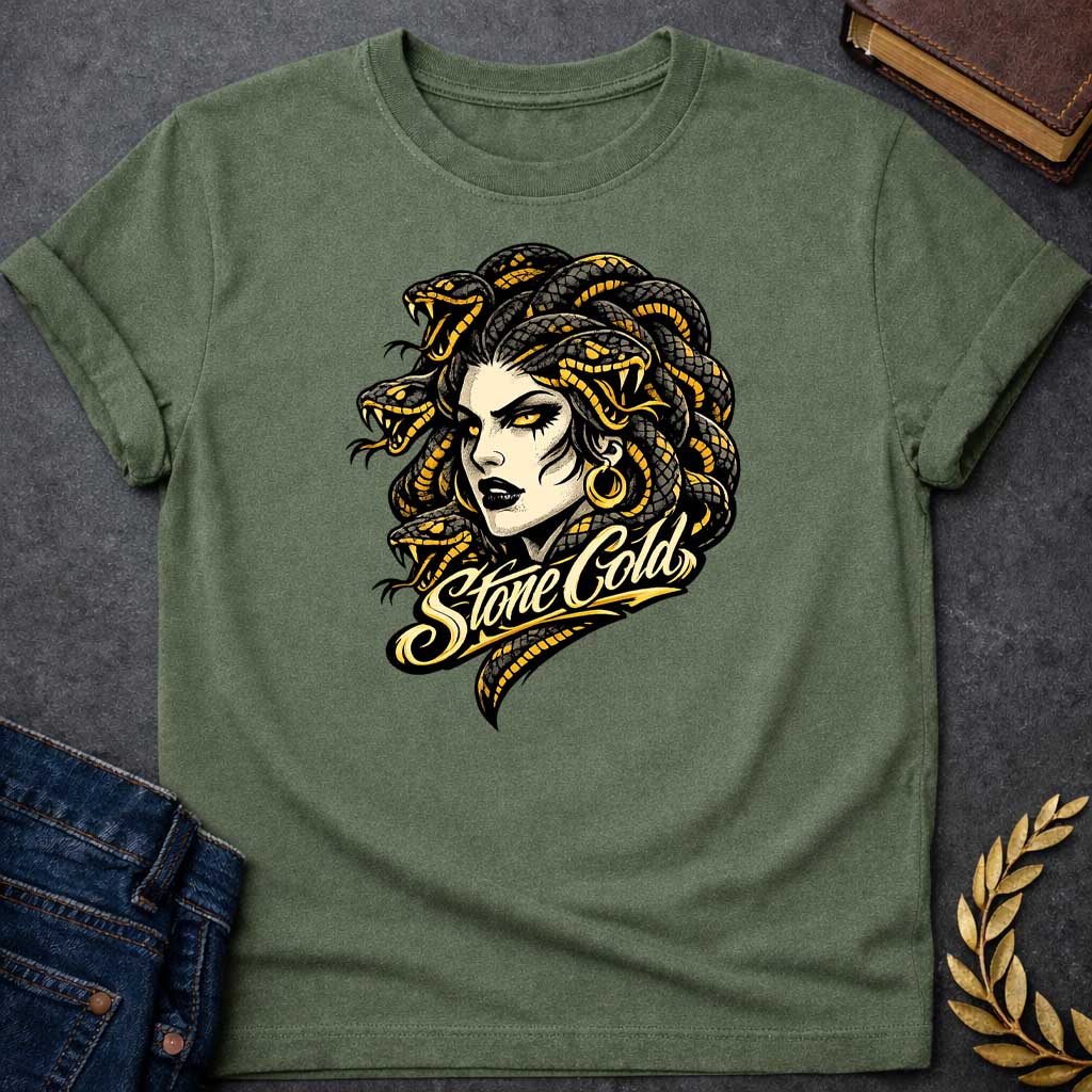 medusa stone cold greek mythology adult shirt featuring detailed Greek mythology artwork, symbolic design, and bold graphic style