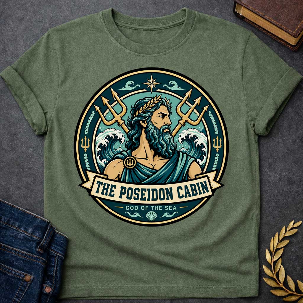 Military Green t-shirt with a Poseidon Greek mythology cabin design featuring the bearded god of the sea with a golden laurel crown, crossed tridents, crashing ocean waves, and nautical symbols. Teal, aqua, gold, and black circular camp-style emblem includes the text “The Poseidon Cabin” and “God of the Sea.”