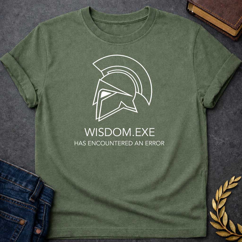 athena wisdom exe has encountered a problem greek mythology adult shirt featuring owl, laurel wreath, wisdom symbolism in vintage Greek mythology design