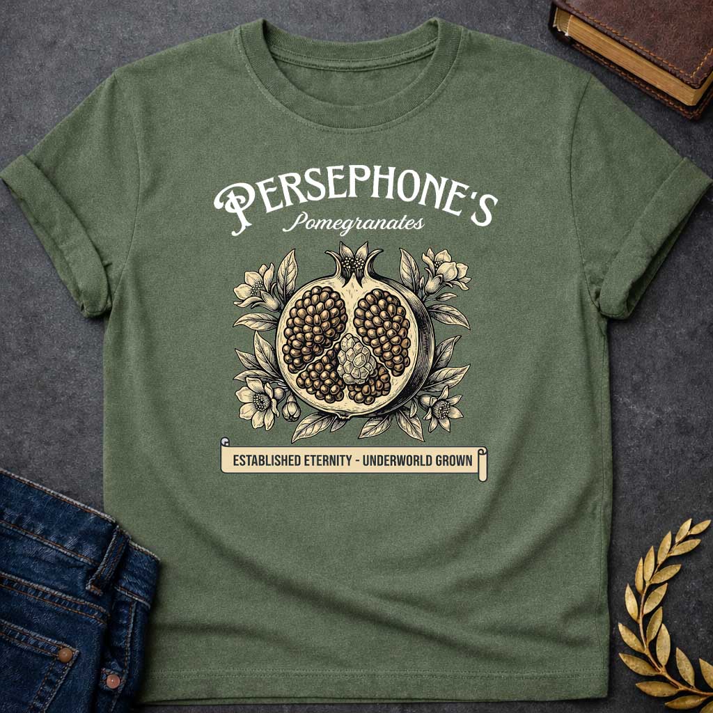 persephone pomegranates greek mythology adult shirt featuring pomegranate, underworld queen symbolism in dark floral mythology design