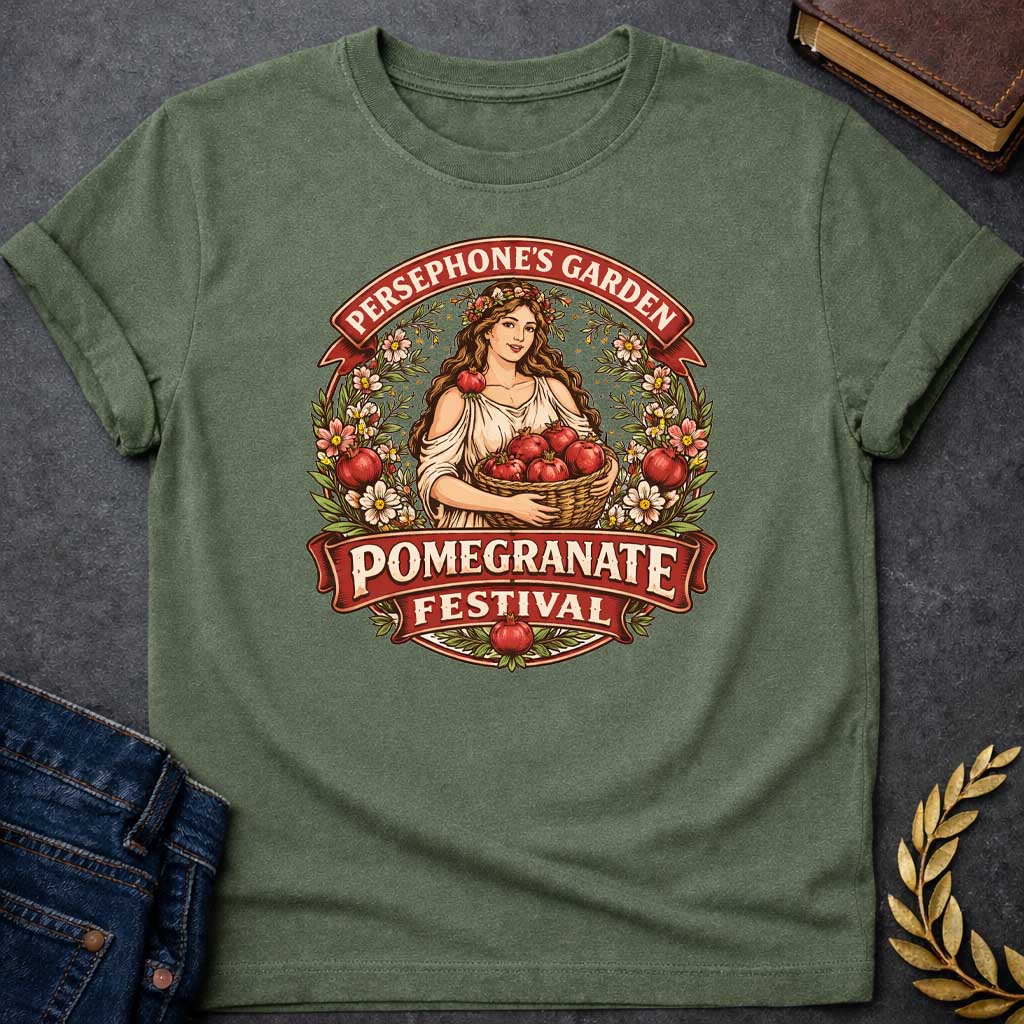 persephone garden pomegranate festival greek mythology adult shirt featuring pomegranate, underworld queen symbolism in dark floral mythology design