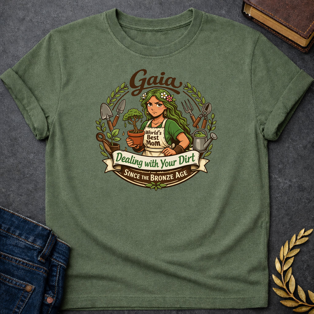 gaia dealing with your dirt greek mythology adult shirt featuring detailed Greek mythology artwork, symbolic design, and bold graphic style