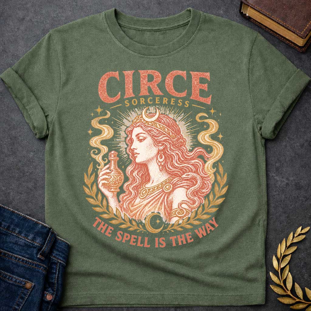 Military Green t-shirt with a Vintage Greek mythology design featuring Circe, the legendary sorceress, holding a potion bottle with a snake coiled around her arm. Crescent moons, stars, mystical smoke, and laurel branches frame the portrait with the text “Circe Sorceress” and “The Spell Is the Way” in a distressed antique style.