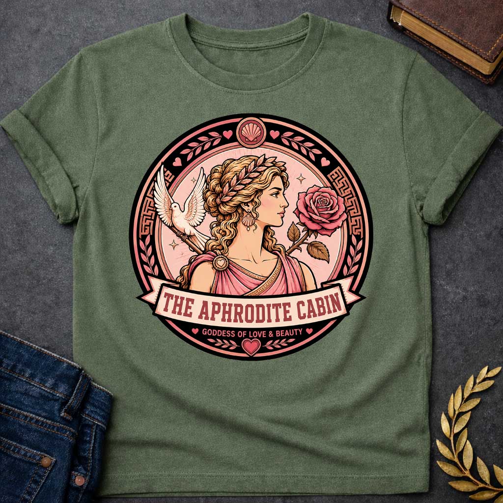 Military Green t-shirt with a Aphrodite Greek mythology cabin design featuring the goddess of love and beauty in a pink robe and laurel crown, surrounded by a rose, white dove, hearts, seashells, and Greek key details. Circular pink and black emblem includes the text “The Aphrodite Cabin” and “Goddess of Love & Beauty,”