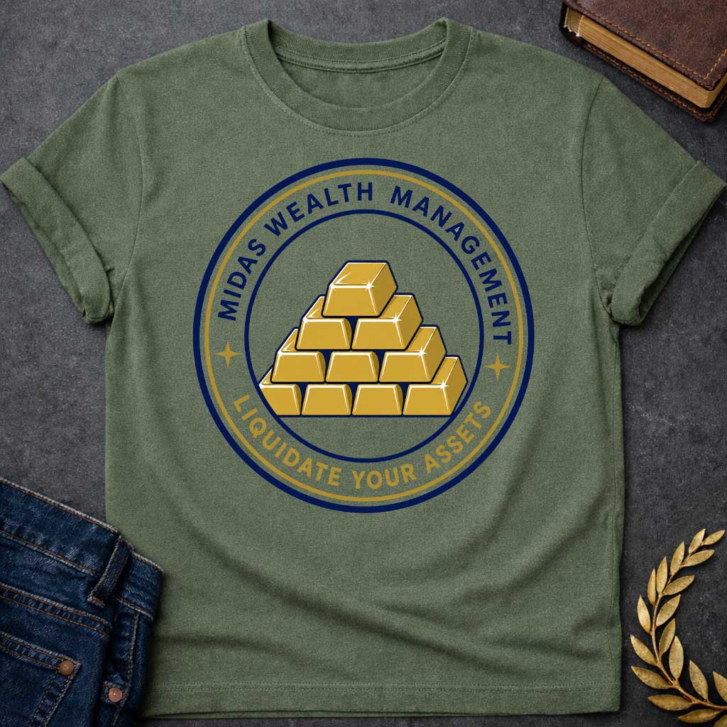 Military Green t-shirt with A Corporate-style Greek mythology design featuring a circular emblem with stacked gold bars at the center and the humorous text "Midas Wealth Management" across the top and "Liquidate Your Assets" along the bottom. Inspired by the legend of King Midas, the clean badge design uses navy blue, metallic gold, and white for a polished, finance-themed parody graphic.
