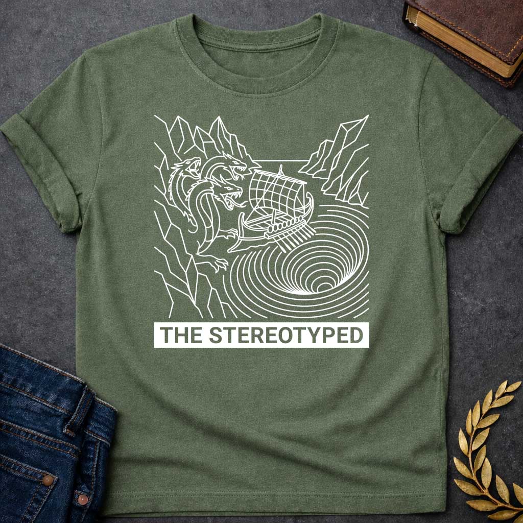 Military Green t-shirt with A clean, line art t-shirt design. Rendered in white line work, an ancient Greek galley ship navigates between a three-headed sea monster on jagged cliffs and a concentric, swirling whirlpool. Below the graphic, a solid dark blue rectangular banner features white, sans-serif block text that reads "THE STEREOTYPED".