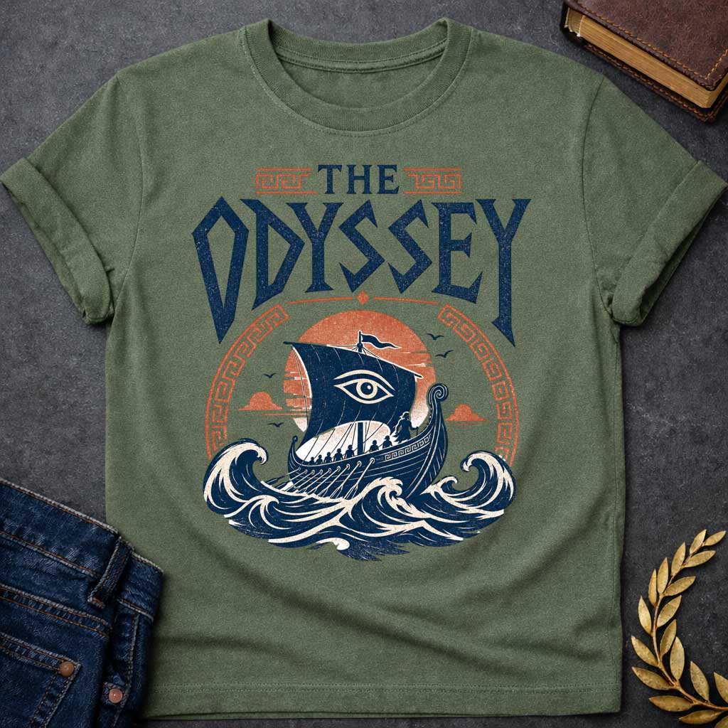 Military Green t-shirt with a Vintage Greek mythology design inspired by The Odyssey, featuring Odysseus and his crew sailing an ancient Greek ship across powerful ocean waves. A watchful eye decorates the sail, framed by a setting sun and Greek key motifs. Bold distressed lettering reads "The Odyssey," capturing the legendary voyage, adventure, and trials of Odysseus.
