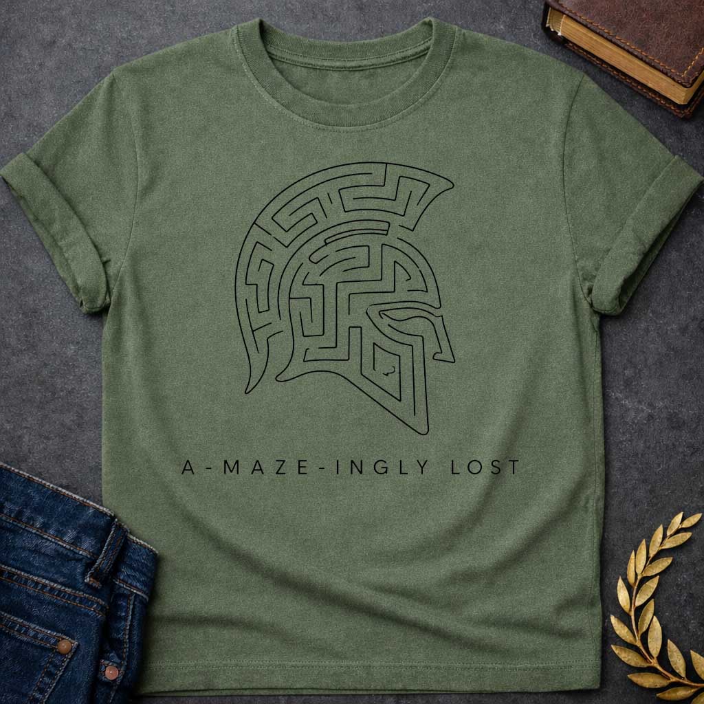 military green T-shirt with A Minimalist line art Spartan warrior helmet composed entirely of intricate maze pathways on a shirt. The crested helmet's interior is filled with convoluted corridors and passages forming a complex labyrinth design. Black and white aesthetic. Text reads 'A-Maze-Ingly Lost' below. Clever wordplay merges Greek mythology and warrior symbolism with the legendary Cretian labyrinth, celebrating getting lost in mazes and ancient Greek warrior culture.