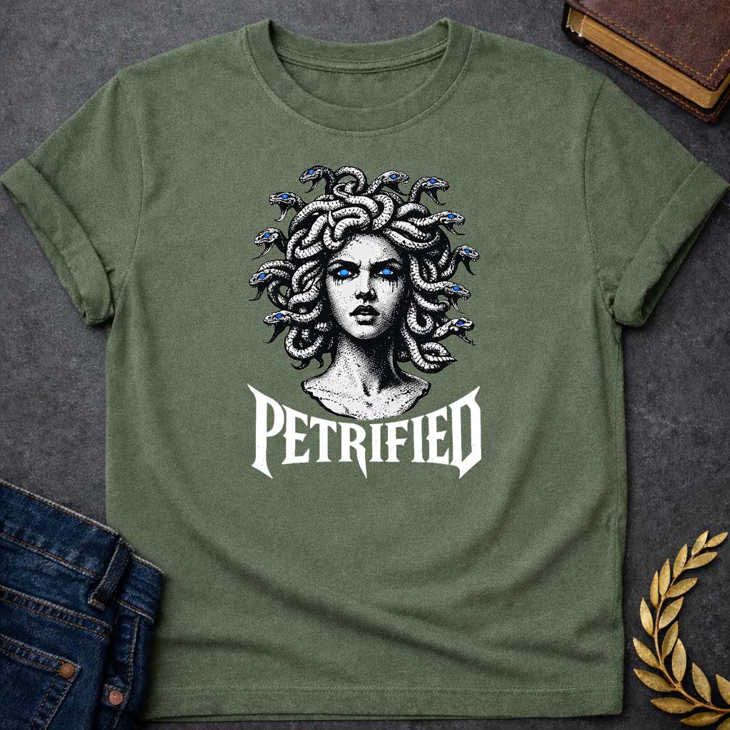 medusa petrified greek mythology adult shirt featuring detailed Greek mythology artwork, symbolic design, and bold graphic style