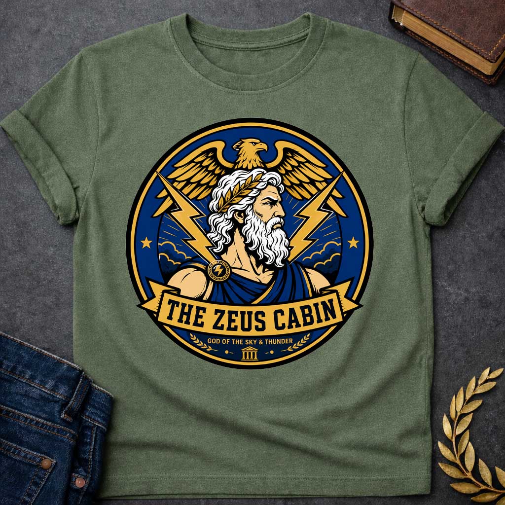 Military Green t-shirt with a Zeus Greek mythology cabin design featuring the bearded god of the sky and thunder with a laurel crown, golden eagle, lightning bolts, storm clouds, and Greek temple symbol. Bold blue, gold, white, and black circular camp-style emblem includes the text “The Zeus Cabin” and “God of the Sky & Thunder.”