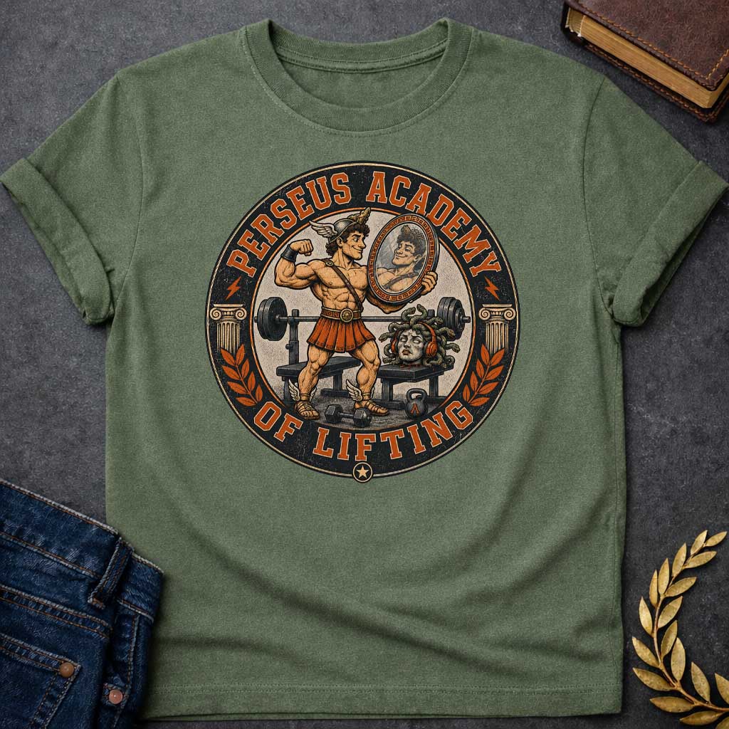 Military Green T-shirt in vintage badge style: a winged-helmet Perseus flexes his bicep in a gym, admiring himself in a hand-held mirror, wearing a bronze breastplate, kilt, and winged sandals. Behind him sits a barbell bench, dumbbells, and a kettlebell. Medusa's severed head rests on a bench wearing orange headphones, snake hair coiled. Ionic columns and laurel branches frame the circular black-and-orange design.