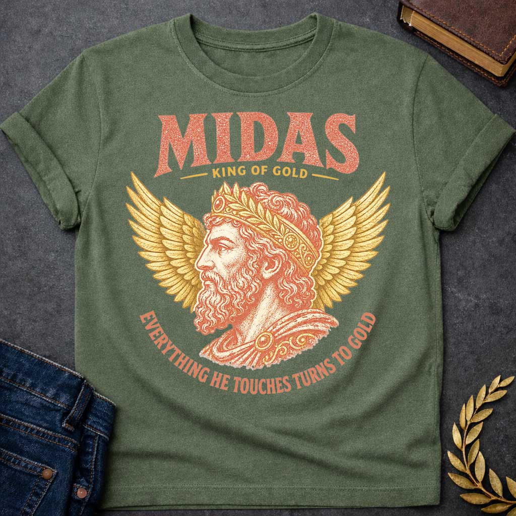 Military Green t-shirt with a Vintage King Midas Greek mythology design featuring a regal bearded portrait wearing an ornate golden crown, framed by large gold wings. Distressed terracotta and gold artwork includes the text “Midas,” “King of Gold,” and “Everything He Touches Turns to Gold,” inspired by the legendary Midas touch.