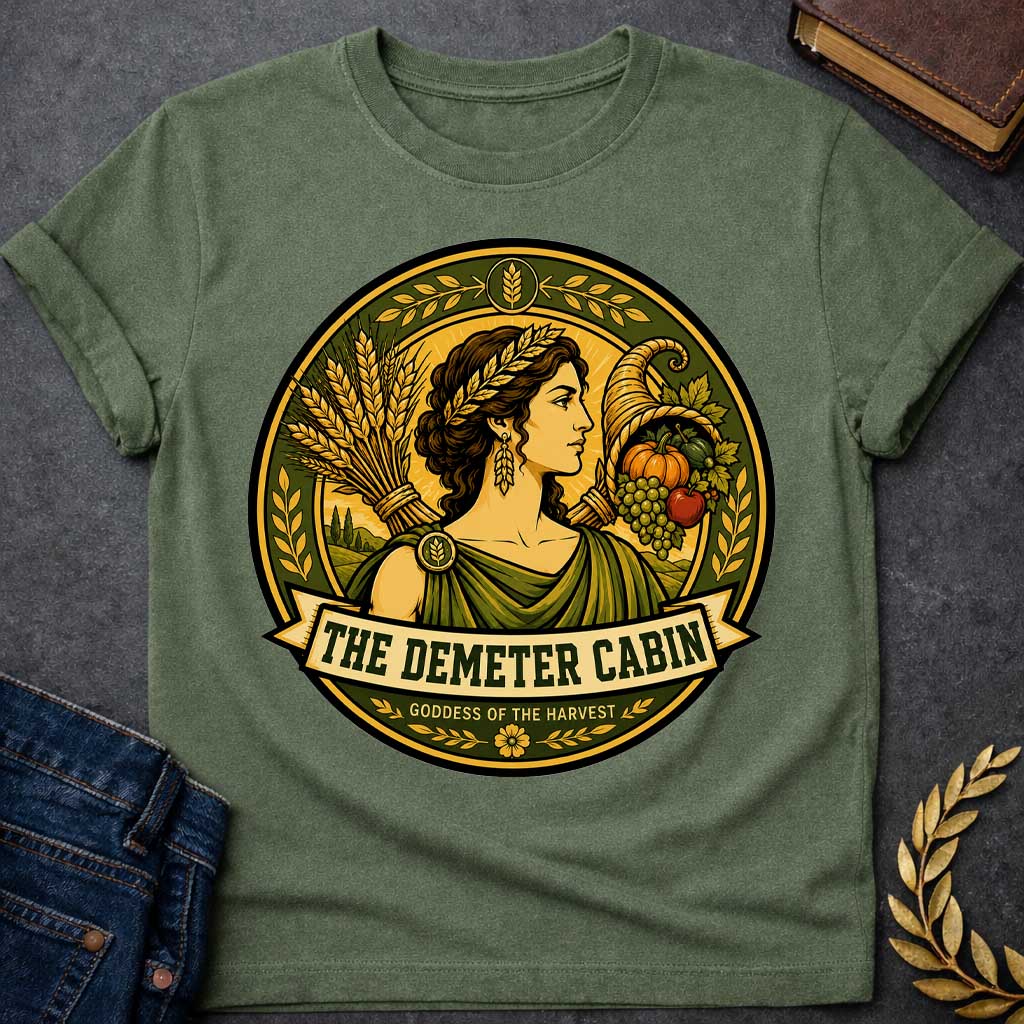 Military Green t-shirt with a Demeter Greek mythology cabin design featuring the goddess of the harvest wearing a golden wheat crown, surrounded by bundles of wheat, a cornucopia filled with grapes, pumpkin, apple, and other crops. Olive green and gold circular camp-style emblem includes the text “The Demeter Cabin” and “Goddess of the Harvest.”