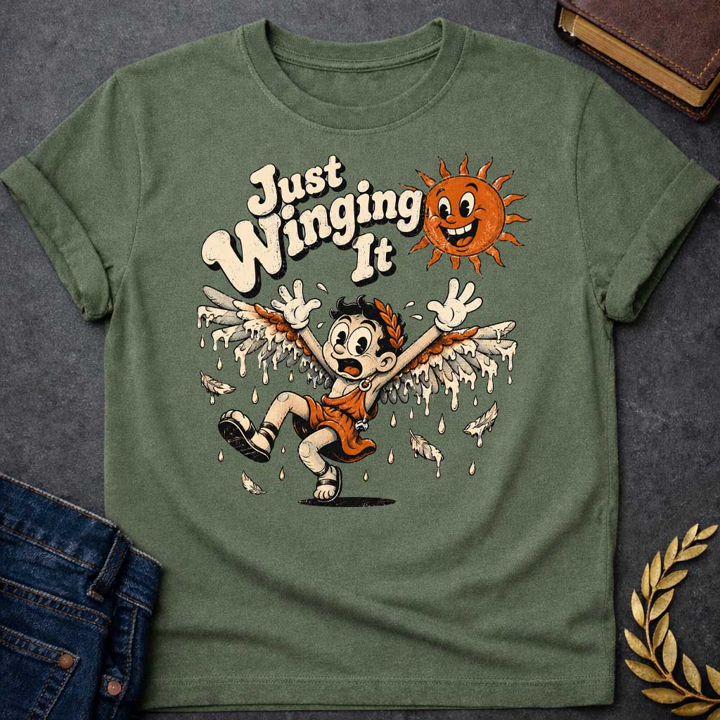 Military Green t-shirt with a vintage 1930s rubber-hose cartoon style  design. A panicked boy representing Icarus tumbles through the air with arms raised as his feathered wax wings melt into dripping drops. Above him, a cheerful retro sun character grins mischievously next to playful, bubbly text that reads "Just Winging It" in a distressed cream font.