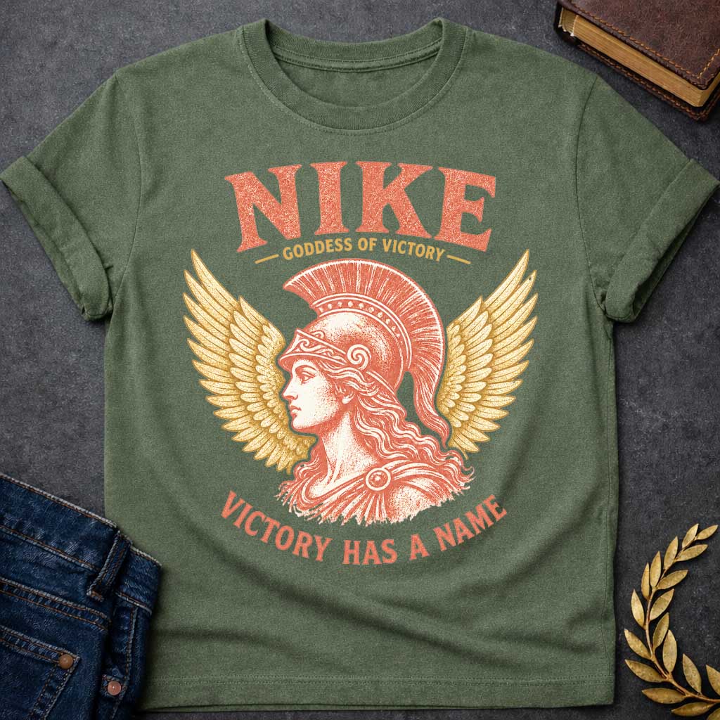Military Green t-shirt with a Vintage Nike Greek mythology design featuring the goddess of victory in profile wearing a classical crested helmet, framed by large golden wings. Distressed terracotta and gold artwork includes the text “Nike,” “Goddess of Victory,” and “Victory Has a Name,” celebrating strength, triumph, and ancient Greek mythology.