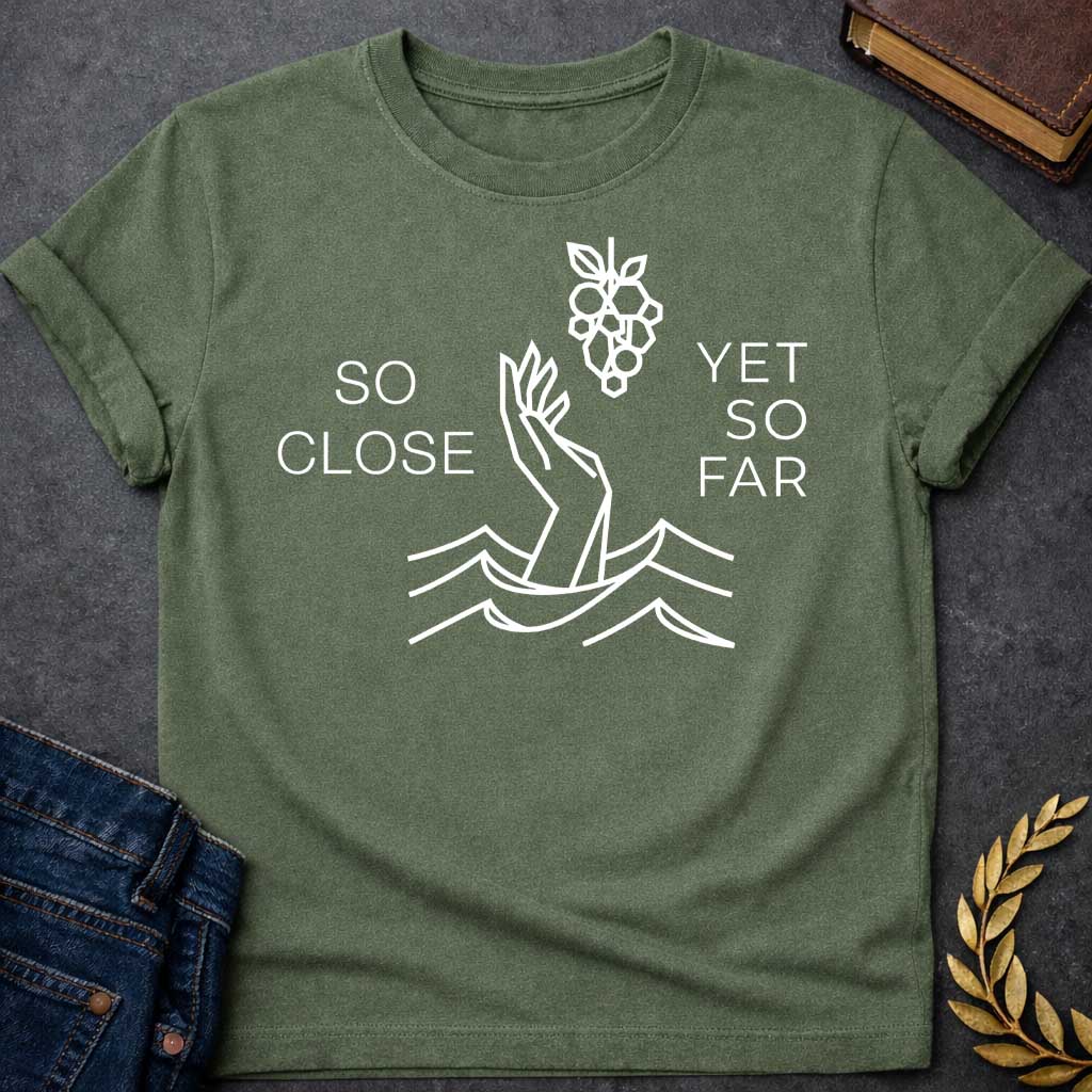 Military Green t-shirt with A minimalist, geometric line-art design. Rendered in crisp white lines, a stylized hand reaches out from geometric water waves toward a cluster of grapes hanging above it. Simple, thin sans-serif text flanks the central illustration, with "SO CLOSE" stacked on the left and "YET SO FAR" stacked on the right.