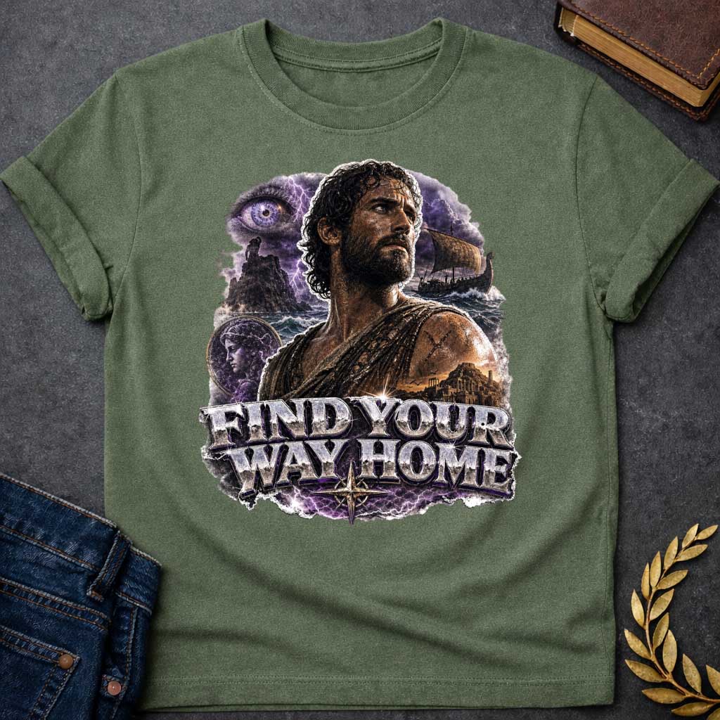 Military Green t-shirt with an Epic Greek mythology design featuring Odysseus against a stormy seascape with lightning, a sailing ship, ancient ruins, and a mysterious watchful eye. A portrait of a woman appears within the dramatic collage, symbolizing his journey back to Ithaca. Bold metallic lettering reads "Find Your Way Home," capturing the adventure and perseverance of The Odyssey.