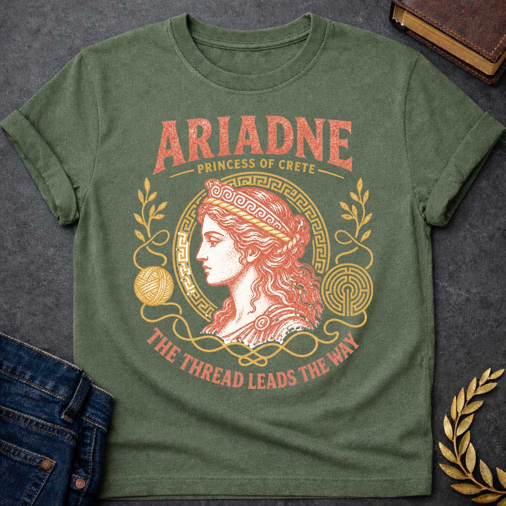 Military Green t-shirt with a Vintage Greek mythology design featuring Ariadne, Princess of Crete, in a classical portrait framed by a Greek key border, golden thread, yarn, laurel branches, and a labyrinth. Warm coral and gold engraving-style artwork is paired with the phrase "The Thread Leads the Way," inspired by Ariadne's role in helping Theseus escape the Minotaur's labyrinth.