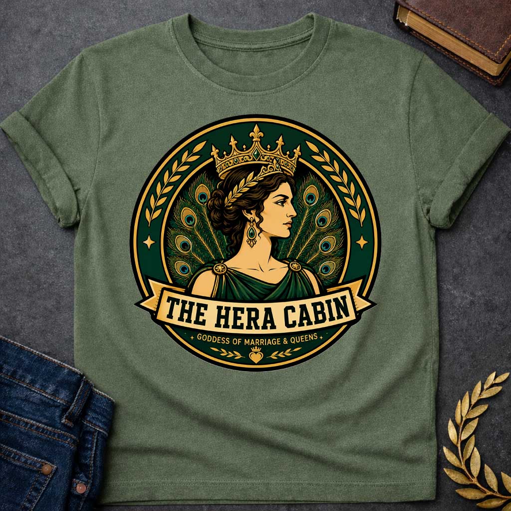 Military Green t-shirt with a Hera Greek mythology cabin design featuring the queen of the gods wearing an ornate golden crown and laurel accents, surrounded by elegant peacock feathers and decorative branches. Rich emerald green, gold, and black circular camp-style emblem includes the text “The Hera Cabin” and “Goddess of Marriage & Queens”