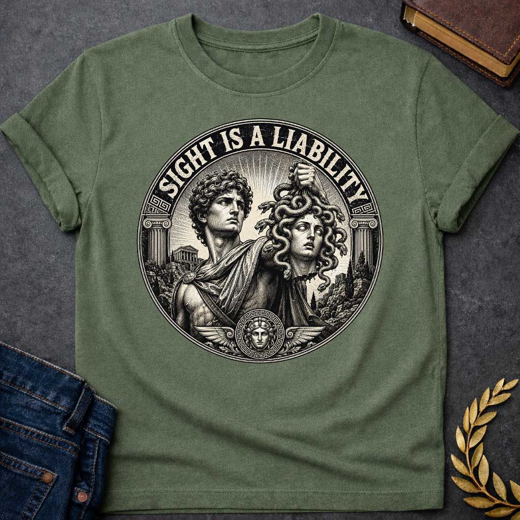 Military Green t-shirt in etched engraving style: Perseus, curly-haired and draped in robes, holds Medusa's severed snake-haired head aloft against radiating sunburst rays. Ionic columns, ancient temples, and a small Medusa medallion with wings frame the circular black-and-cream design. Bold arched text reads the title above.