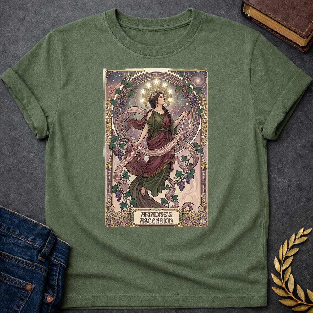 Military Green T-shirt with An Art Nouveau-style t-shirt graphic. Modeled like a tarot card, a graceful Greek woman floats upward, wearing a flowing green and plum gown beneath a crown of glowing stars. She is framed by an elegant, ornate golden border interwoven with purple grapevines and Greek key patterns. A decorative banner at the base displays the title "ARIADNE'S ASCENSION" in a stylized font.
