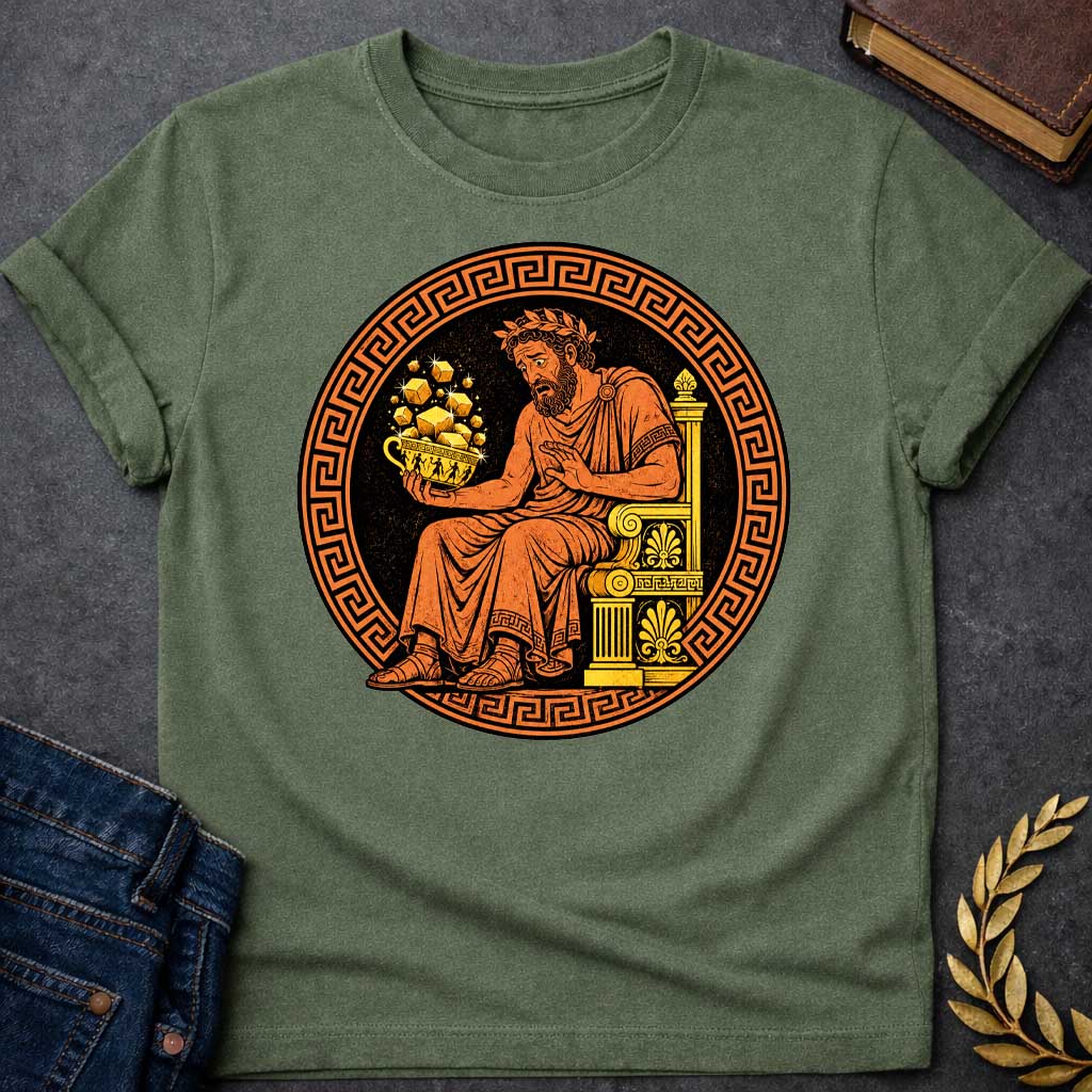 Military Green t-shirt with A Vintage Greek pottery-inspired design featuring King Midas seated on an ornate throne, looking anxiously at a golden cup overflowing with sparkling gold bars. Framed by a classic Greek key border, the artwork uses traditional terracotta, black, and gold colors to depict the legendary king's cursed golden touch in an ancient Greek vase painting style.