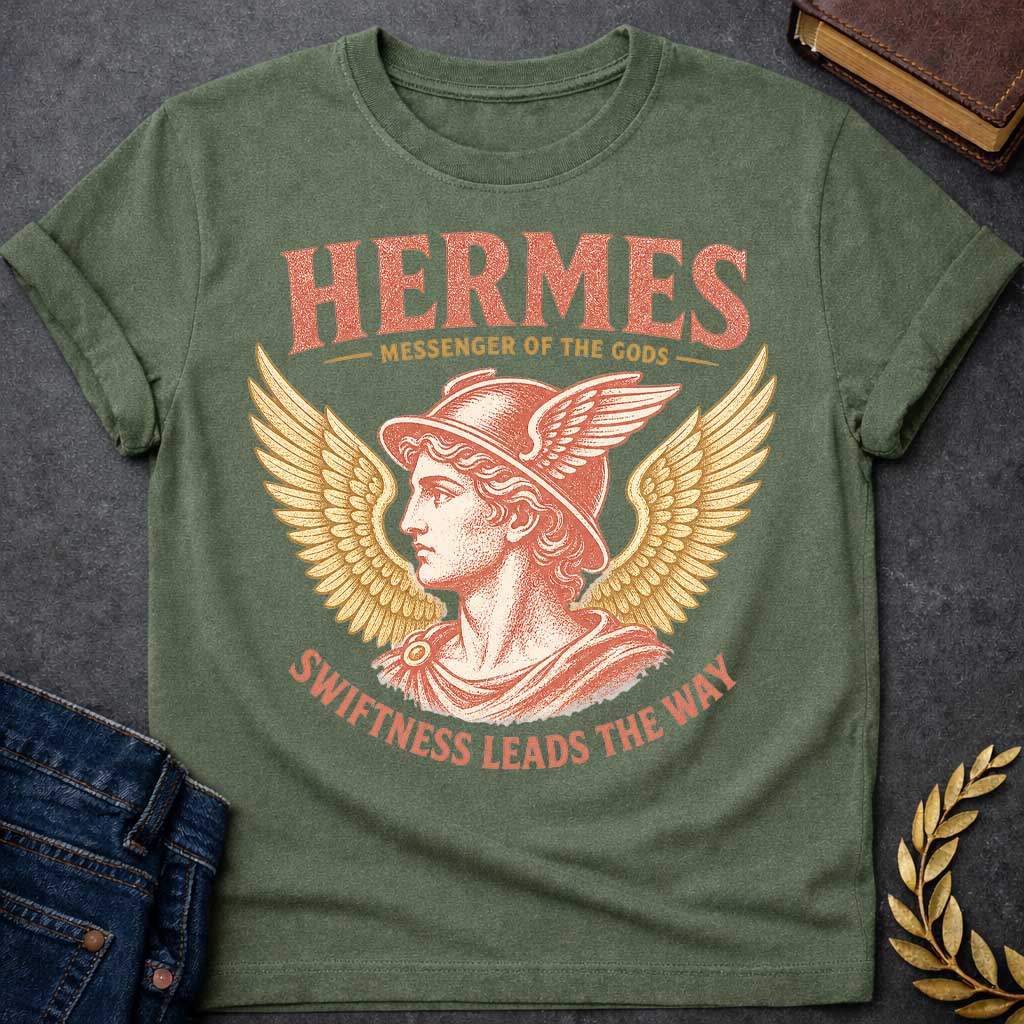 Military Green t-shirt with a Vintage Hermes Greek mythology design featuring the Messenger of the Gods in profile wearing his iconic winged helmet, framed by large golden wings. Distressed coral and gold artwork creates an antique classical style with bold text reading “Hermes Messenger of the Gods” and “Swiftness Leads the Way.”